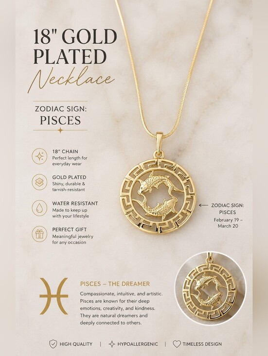 Jewelry - Pisces Gold Plated Necklace 18” Zodiac Pendant Snake Chain